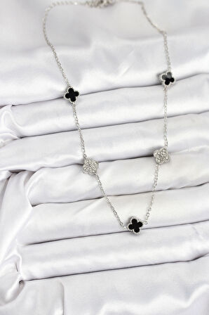 316L Çelik Zincir Gümüş Renk Siyah ve Zirkon Taşlı Baby Boy Yonca Kadın Kolye