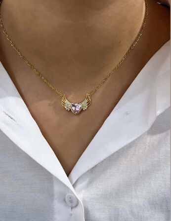 Gold Renk Zirkon Taşlı Parlak Büyüleyici Angel Wings Melek Kanadı 316L Çelik Kalp Kolye