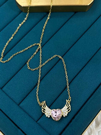 Gold Renk Zirkon Taşlı Parlak Büyüleyici Angel Wings Melek Kanadı 316L Çelik Kalp Kolye