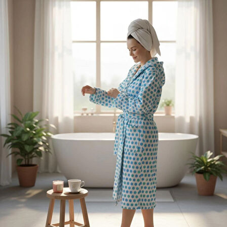 Pamuklu Kadife Kapüşonlu Kadın Bornoz