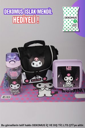x Dekomus Lisanslı Kuromi Dark Delight Collection Beslenme Çantası,Beslenme Kabı,Matara ve Beslenme Örtüsü Seti