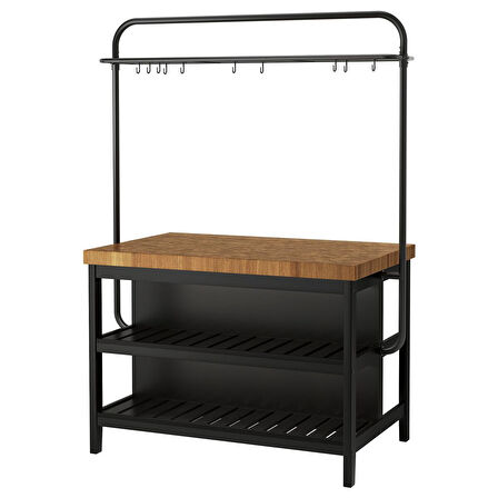 Raflı mutfak adası, siyah-meşe, 126x79x225 cm