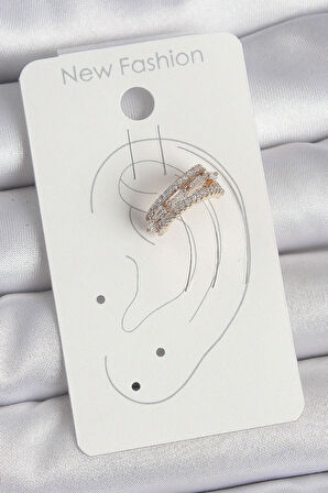 Pirinç Gold Renk Zirkon Taşlı 3'Lü Sıralı Model Kadın Kıkırdak Küpe