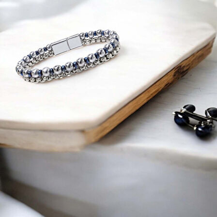   Çelik Zincirli Gümüş Ve Mavi Hematit Bileklik 31832B21D3 