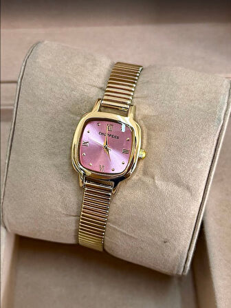Altın Renk Kaplama Çelik Kordonlu Şık VIP Model Kare Kadranlı Kadın Saati | Pembe Vintage Şıklık