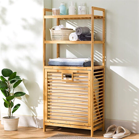 3 Organizer Raflı Ahşap Bambu Çek-Aç Kirli Sepeti 
