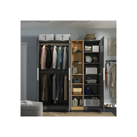 PAX gardırop, koyu gri-meşe görünümlü, 185x60x201 cm