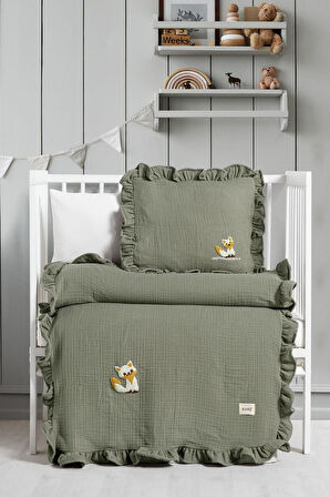 Kanz 4 Kat Hand Made Fırfırlı Müslin Örtü Seti Knz-020 Yeşil