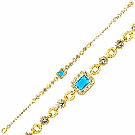 💎 Premium Parlak ve Şık Gold Renk Mavi Baget Taşlı Kadın 925 Ayar  Gümüş Bileklik (21 cm)