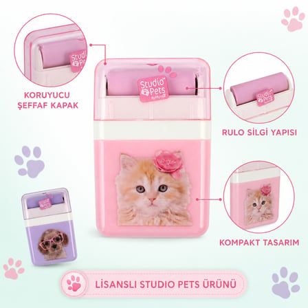 BakGelAl Studio Pets Rulo Silgi Kedi Köpek Desenli Kapaklı Sevimli Okul Silgisi 1 Adet