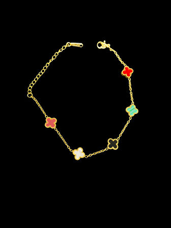 🍀 Yonca Model Çok Renkli Taşlar Altın Renk Şık Çelik Bileklik — Şansın ve Zarafetin Simgesi