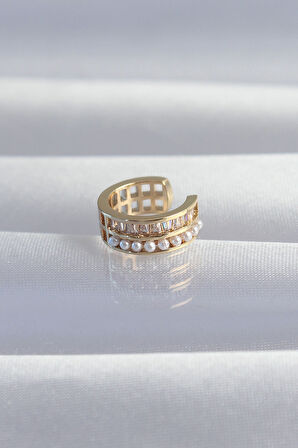 Pirinç Gold Renk İncili Baget Taşlı Earcuff Küpe - Lisinya