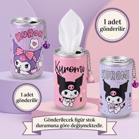 BakGelAl Kuromi Figürlü İçecek Kutusu Tasarımlı Islak Mendil - Zilli Ve Top Zincir Anahtarlıklı Çanta Aksesuarı