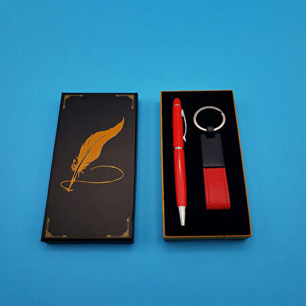 Kutulu Kırmızı Deri Anahtarlık ve Touchpen Tükenmez Kalem Hediye Seti 