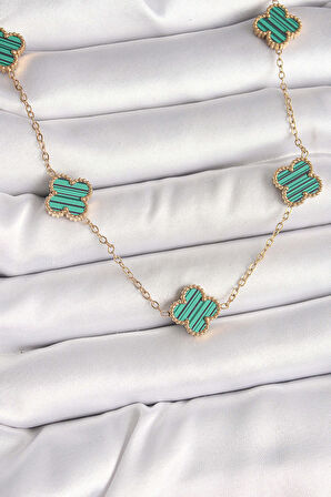 316L Çelik Gold Renk Zincir Yeşil Yonca Model Kadın Kolye