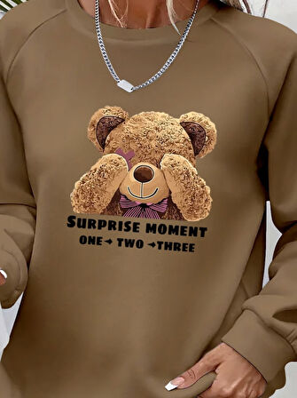 Kadın Uzun Kollu Bisiklet Yaka Ayıcık Desenli Viskon Iki Iplik Bluz