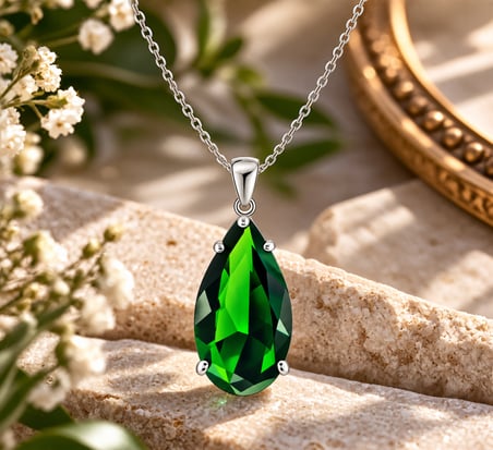 💎 Premium Parlak ve Şık 925 Gümüş Üzeri Rodyum Kaplama Yeşil Zümrüt Taşlı Damla Kolye (45cm)