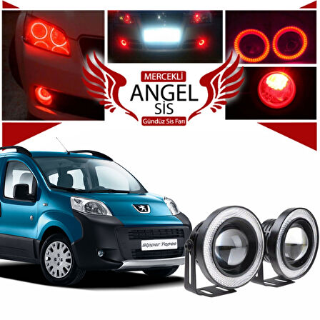 Peugeot Bipper Uyumlu, Universal Mercekli Led Angel Sis Farı, 76mm Kırmızı Renk