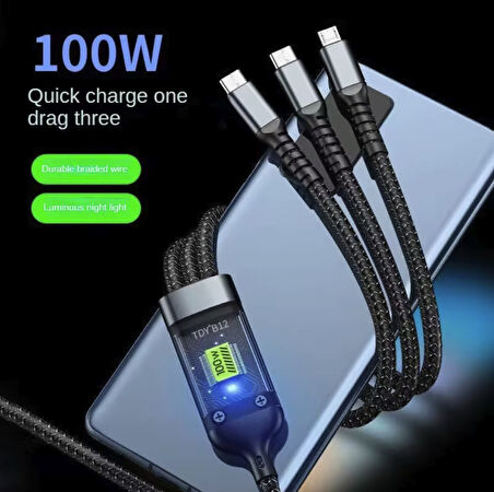 100w Çok hızlı Kopmaz Spiral 3 başlıklı çok Hızlı Şarj kablosu Telefon tablet uyumlu Carplay