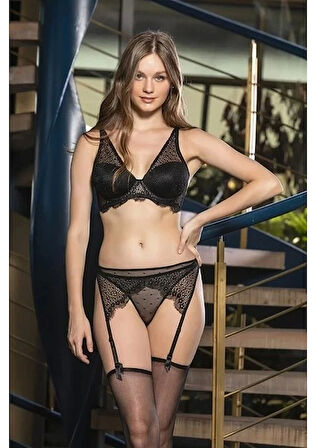 Gallipoli 31422 Kadın Sütyen, Jartiyet, String ve Çorap Takım - Siyah - 80B