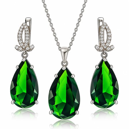 💎 Premium Parlak ve Şık 925 Gümüş Üzeri Rodyum Kaplama Yeşil Zümrüt Taş Damla Kadın Takı Set (45cm)