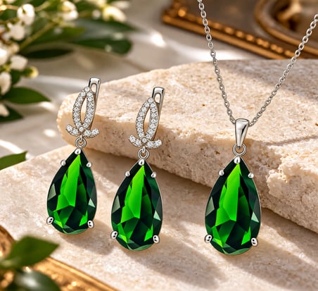 💎 Premium Parlak ve Şık 925 Gümüş Üzeri Rodyum Kaplama Yeşil Zümrüt Taş Damla Kadın Takı Set (45cm)