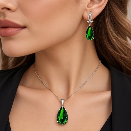 💎 Premium Parlak ve Şık 925 Gümüş Üzeri Rodyum Kaplama Yeşil Zümrüt Taş Damla Kadın Takı Set (45cm)
