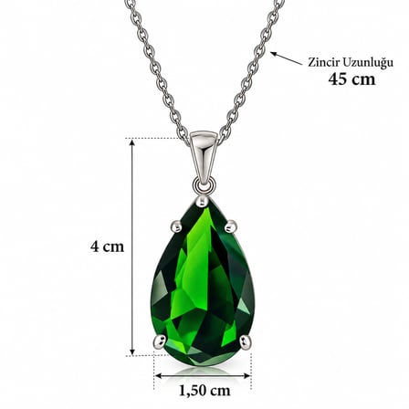 💎 Premium Parlak ve Şık 925 Gümüş Üzeri Rodyum Kaplama Yeşil Zümrüt Taş Damla Kadın Takı Set (45cm)