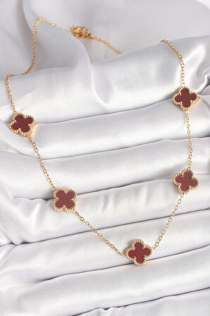 316L Çelik Gold Renk Zincir Bordo Yonca Model Kadın Kolye