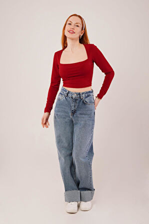 Kare Yaka Basic Bordo Bluz