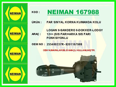 FAR SINYAL KORNA KUMANDA KOLU LOGAN 2-SANDERO 2-DOKKER-LODGY 2012 SIS FARI ARKA SIS FARI FONKSIYO 255400337R 8201167988
