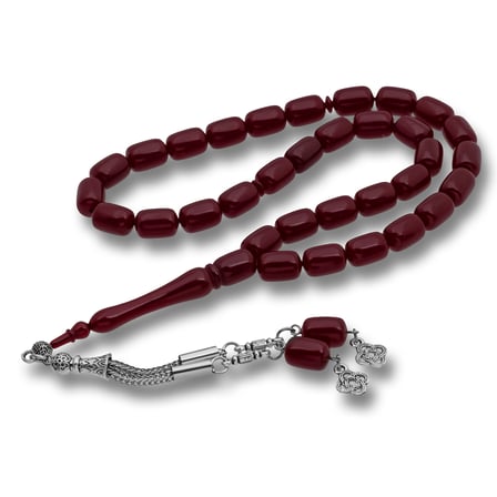 💎 Premium Parlak ve Şık Metal Püsküllü Kapsül Kesim Bordo Sıkma Kehribar Tesbih