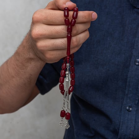 💎 Premium Parlak ve Şık Metal Püsküllü Kapsül Kesim Bordo Sıkma Kehribar Tesbih