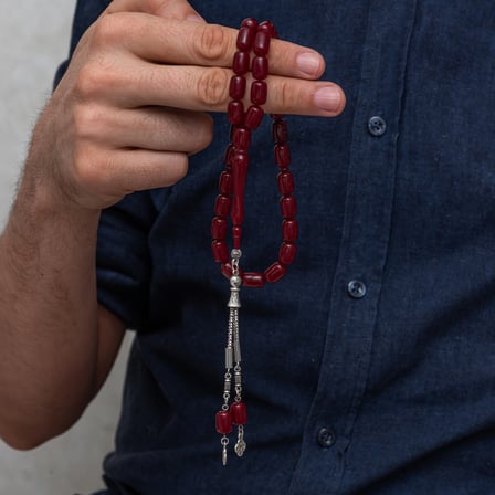 💎 Premium Parlak ve Şık Metal Püsküllü Kapsül Kesim Bordo Sıkma Kehribar Tesbih