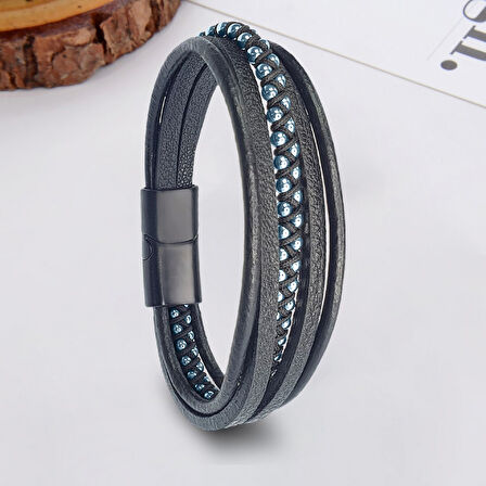  FM Mavi Hematit Ve Çoklu Deri Bileklik 31834B3D3 