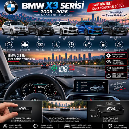 Bmw X3 serisi 2003-2026 modeller için head up display hayalet gösterge ekranı ön cam hız göstergesi