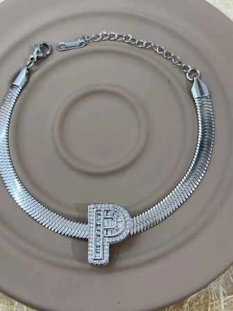 💎 Premium Gümüş Renk Parlak Taşlı 316L Çelik P Harf Kadın Bileklik (23cm Uzunluk)