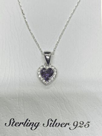 925 Ayar İthal Gümüş Mor Kalp Taşlı Model Kolye Şık ve Anlamlı Tasarım, Özel ve Şık Hediye