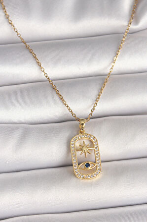 316L Çelik Gold Renk Zincir Zirkon Taşlı Göz Yıldız Model Kadın Kolye - Lisinya