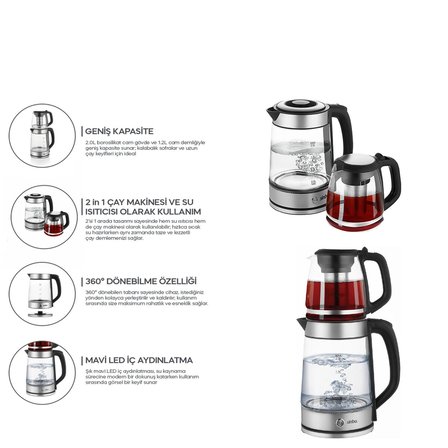 Sinbo STM-5990 Çay Makinesi 2.0 L + 1.2 L Cam Gövdeli Mavi LED