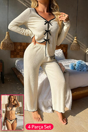 Kadın Beyaz Fiyonklu İç Çamaşırı Ve Uzun Kollu V Yaka Pijama Takımı 4'lü Set - Beyaz - L-XL