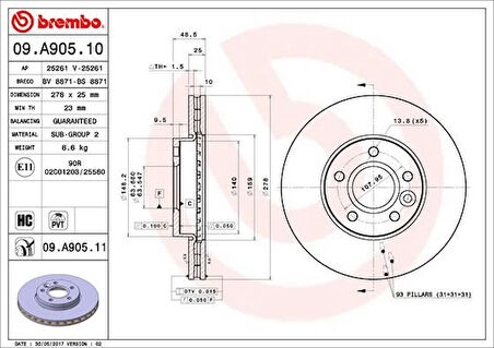 ON FREN AYNASI DISK FOCUS 3 11 FOCUS 2 2004-2011 C MAX 2003-2007 VOLVO C30 2006-2012 C70 2006-2013 S40 2 2004-2012 550 2005-2012 278X25X5DLXHVLI AV611125DB 1790221 31362411 (2 ADET)