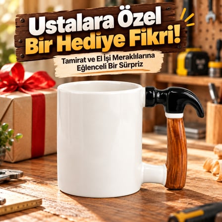 BakGelAl Çekiç Formlu Kulp Detaylı Tasarım Seramik Kupa - Özel Ahşap Görünümlü Saplı Kahve Bardağı