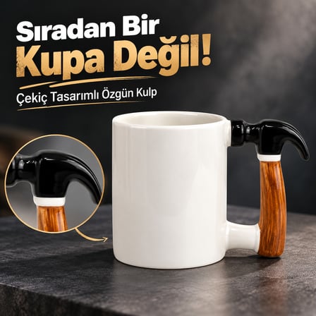BakGelAl Çekiç Formlu Kulp Detaylı Tasarım Seramik Kupa - Özel Ahşap Görünümlü Saplı Kahve Bardağı