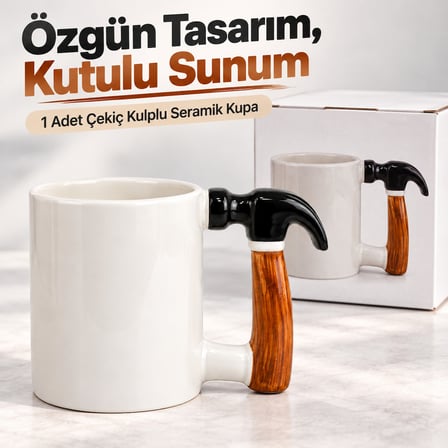 BakGelAl Çekiç Formlu Kulp Detaylı Tasarım Seramik Kupa - Özel Ahşap Görünümlü Saplı Kahve Bardağı