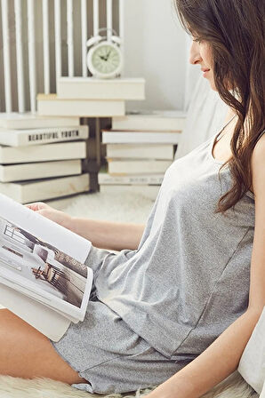 Kadın Gri Şortlu Penye Gecelik Takımı - Gri - XL