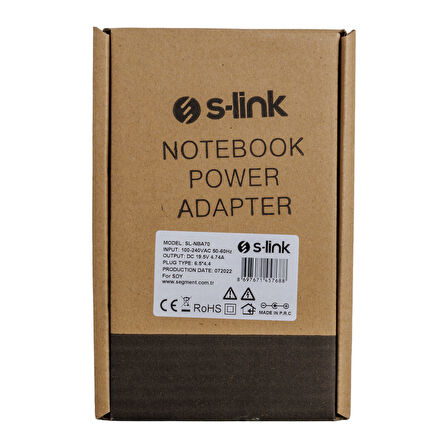 S-LINK SL-NBA70 90W 19.5 VOLT 4.74 AMPER 6.5X4.4 UÇLU SONY NOTEBOOK ADAPTÖR (SAMSUNG LED TV) (4172)