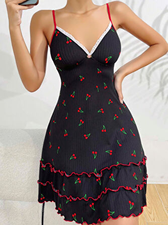 Siyah Kiraz Baskılı  Akılı Gecelik 5110