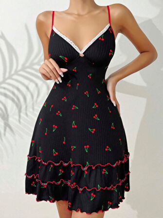 Siyah Kiraz Baskılı  Akılı Gecelik 5110