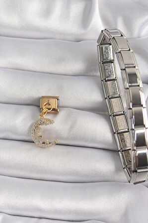 316L Çelik Gold Renk Sallantı Zirkon Taşlı Hilal Model Nomination Charm - Lisinya